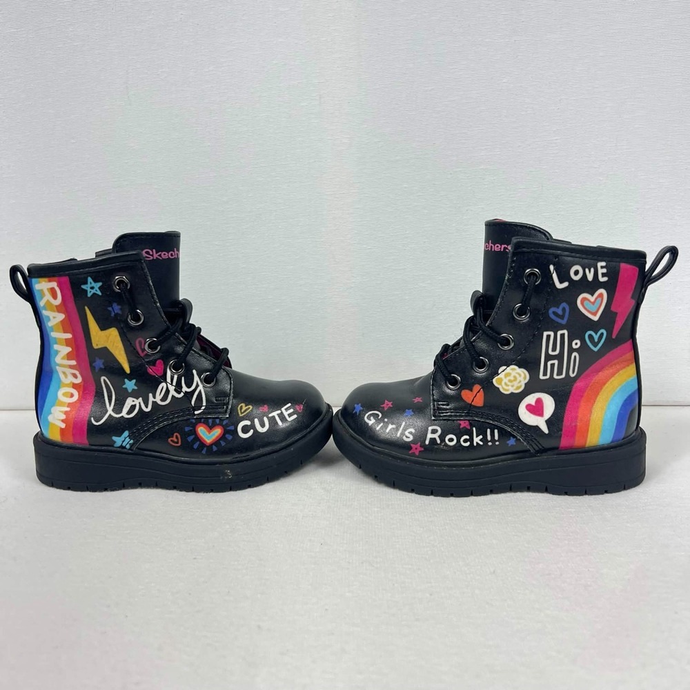 GUC Skechers Black Rainbow Doodle Combat Boots Girls Toddler Size 6